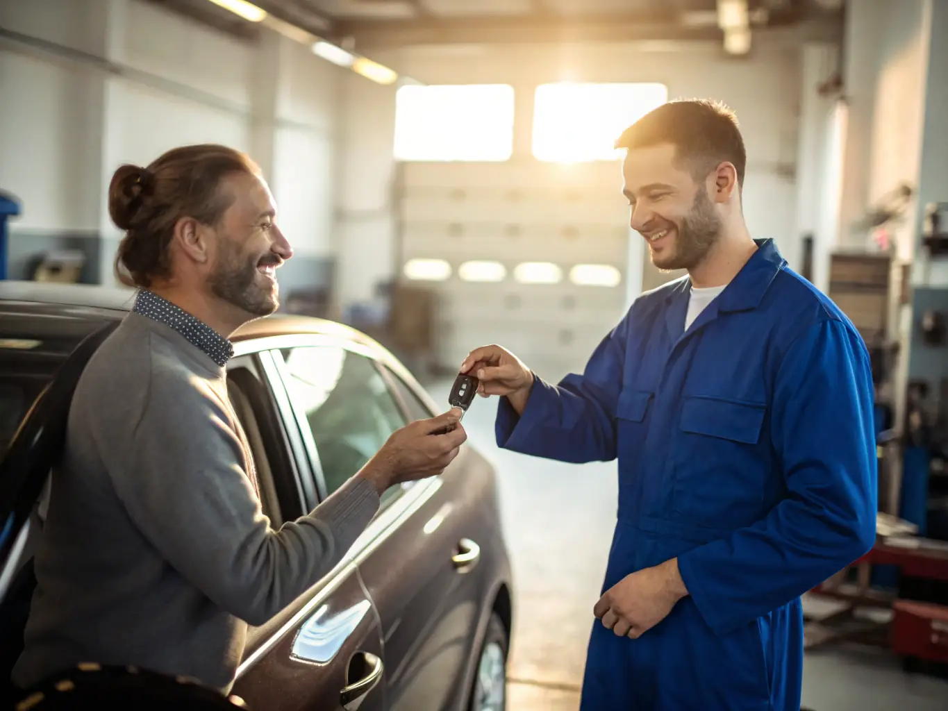 A smiling mechanic handing car keys to a satisfied customer outside their home, with a branded Dans' Mobile Mechanics van parked in the background.