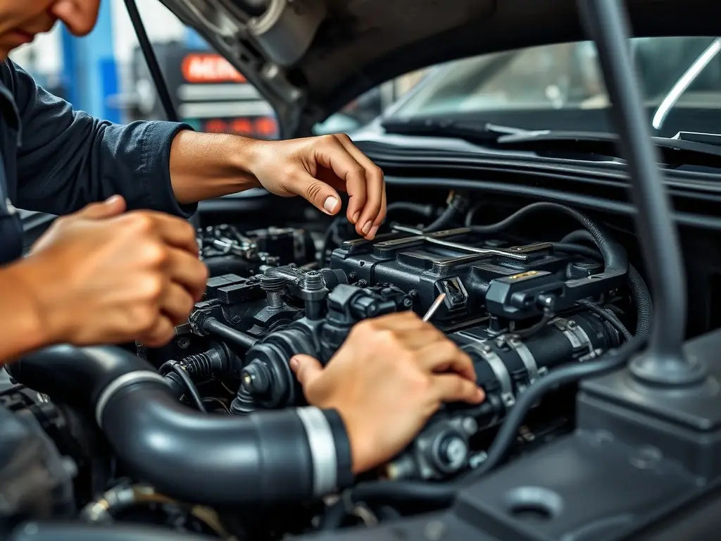 A close-up of a mechanic’s hands replacing spark plugs and air filters in a modern car engine bay, with clean tools and parts arranged neatly nearby.