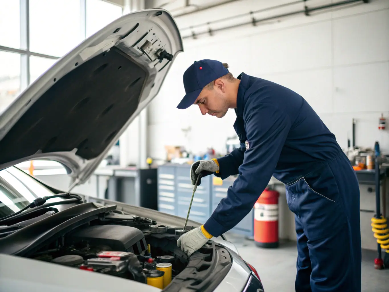 A mobile mechanic in uniform working under the hood of a sedan in a residential driveway, with diagnostic tools and replacement spark plugs visible, on a sunny day in Waterford, CT.